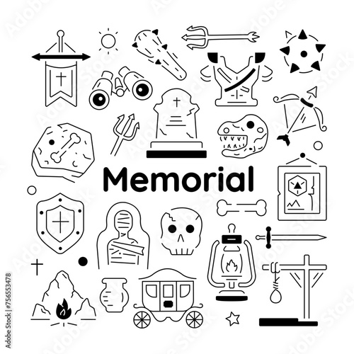 Trendy linear vector featuring various art memorial and prehistoric elements 