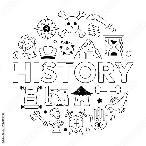 A linear style history vector showcasing art relics and antique pieces 