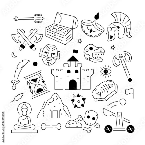 Ancient history vector depicting various medieval civilization and antique art elements 