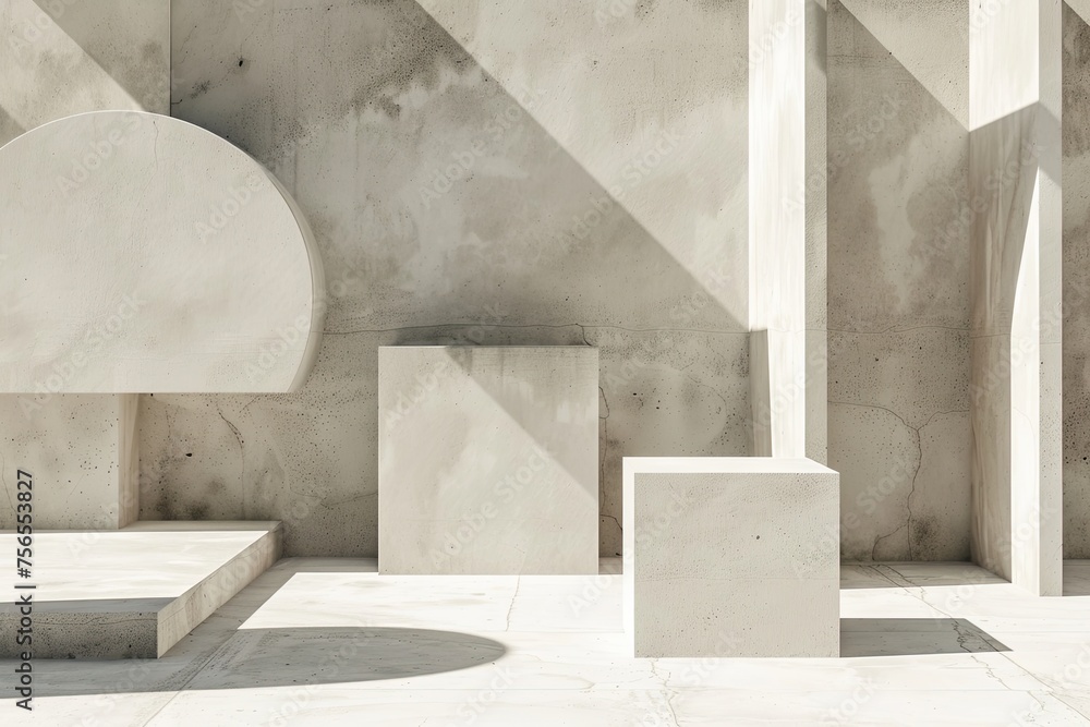 An abstract composition of geometric shapes casting shadows on a clean white surface