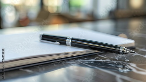 An elegant ink pen positioned next to a blank page on a minimalist desk setup