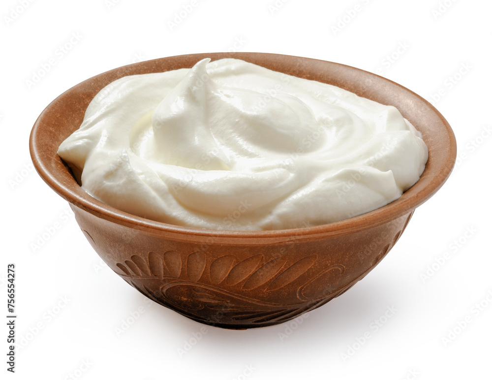 Sour cream or yogurt in ceramic bowl isolated on white background Sour cream or yogurt in ceramic bowl isolated on white background