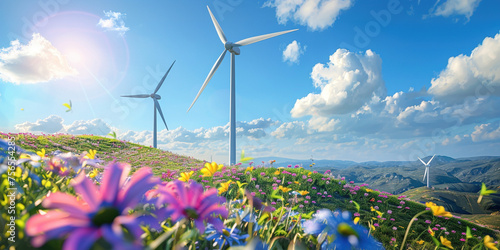 Wind turbines generating electricity on hill covered with spring summer flowers and grass.  Wind environmental farm on a hilltop. Eco natural renewable energy power generator equipment concept photo