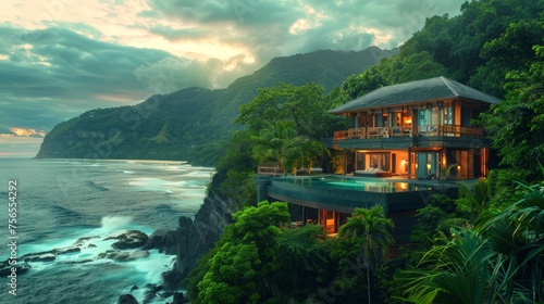 Secluded luxury villa with pool on a coastal cliff at dusk, serene ocean view © muji