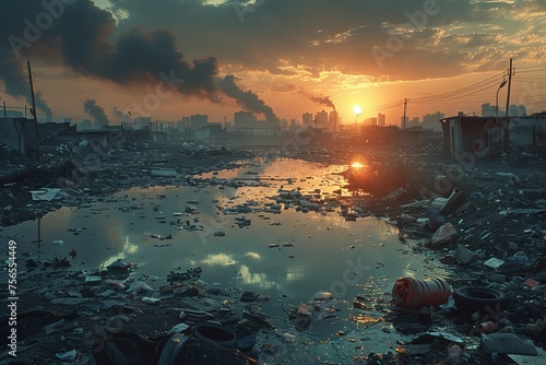 Harrowing image of a polluted industrial landscape against the backdrop of a setting sun © Larisa AI