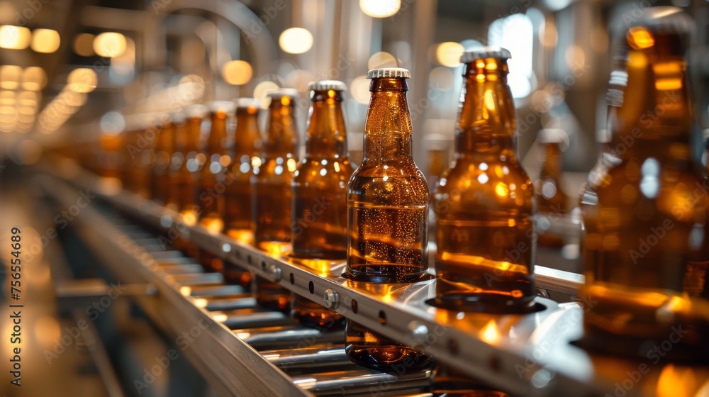 Glowing bottles on a conveyor inside a bustling bottling plant. Glowing bottles on a conveyor inside a bustling bottling plant.