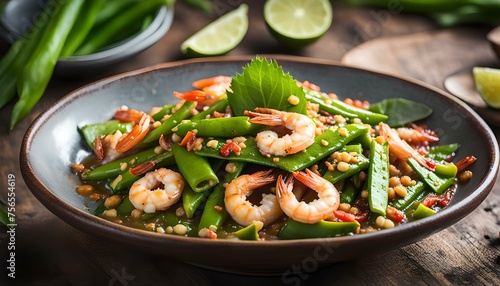 Winged bean spicy salad with shrimp, Thai food 