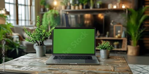 Closeup of laptop with green screen on table ideal for business mockups . Concept Closeup Shots, Green Screen Mockups, Business Setting, Tabletop Photography photo