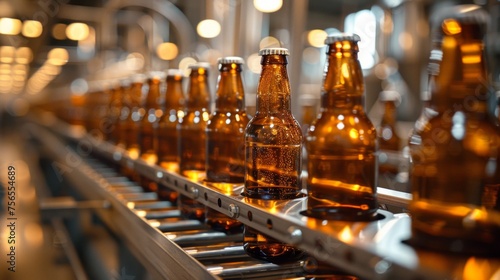 Glowing bottles on a conveyor inside a bustling bottling plant.