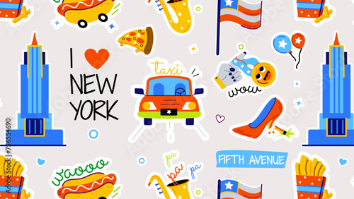 A seamless pattern showcasing various tourist attractions, travel destinations and other new york heritage elements
