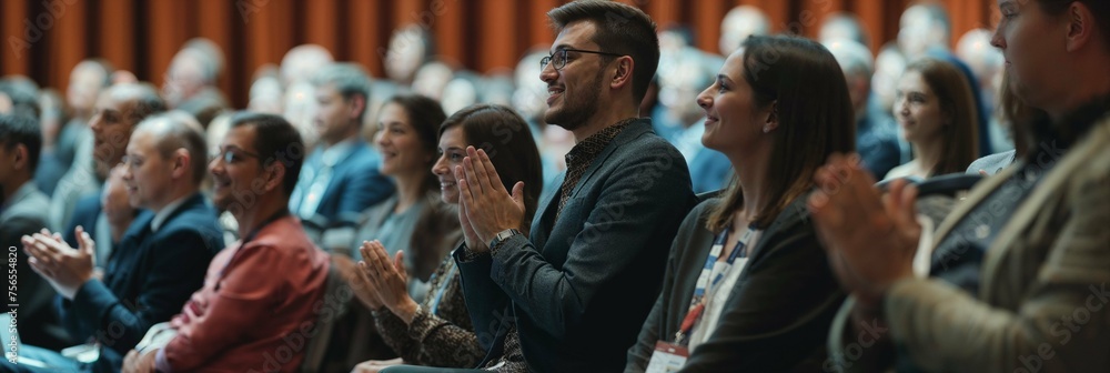 Engaged audience applauding at conference. Diverse group of attendees clapping enthusiastically at a professional event