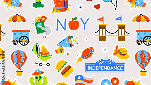 A flat seamless pattern showing new york heritage, local food, city travel, and culture 