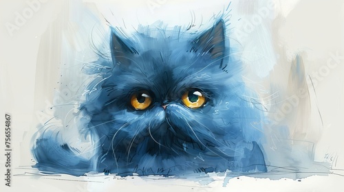 Watercolor painting of a blue persian cat on a white background