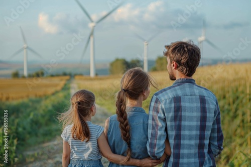Back view of a family holding hands in a flower field with windmills in the background. Family enjoying nature with wind turbines at sunset
