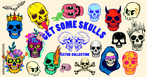 A set of various styled human bone skull creative decorations set. Vector illustration