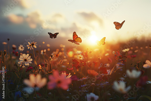 field of colorful spring flowers at sunset with butterflies