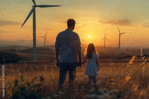 Father and daughter watching sunset by wind turbines. Silhouetted man with child enjoying a serene sunset amidst wind energy farms