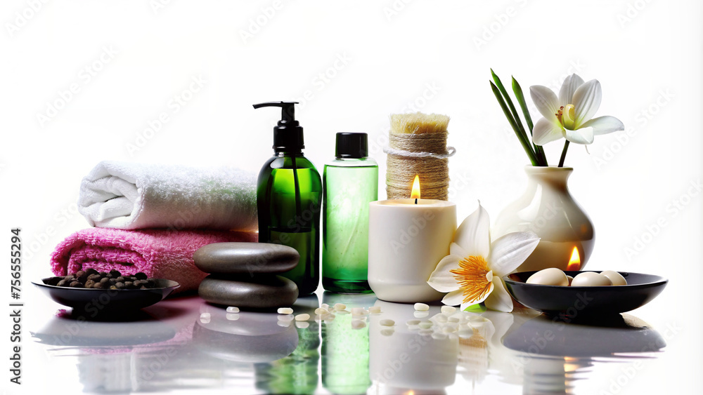 Elegant Spa Essentials Collection with Beauty Products and Natural Decor. Elegant Spa Essentials with Candles, Towels, and Beauty Products Arrangement

