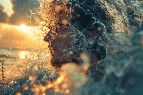 Vivid and high-detail image capturing sunlit water droplets splashing around a man's contemplative face