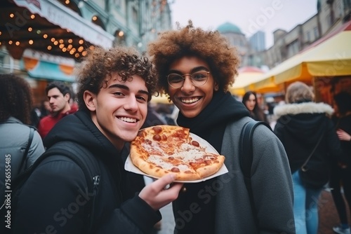 Happy young gay friends are walking around the city and enjoying fresh delicious pizza