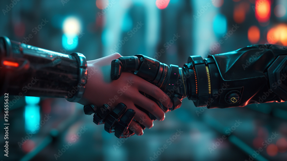 Shaking hands with a digital partner in front of a futuristic ...