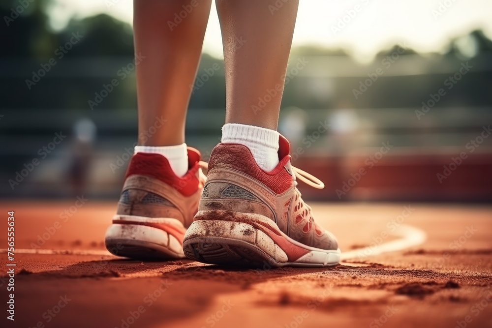 Close-up of female tennis players dirty worn-out sneakers on clay court during game