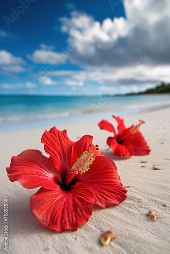 Bright hibiscus flowers on sandy shoreline against backdrop of pristine turquoise waters. for promoting travel, tourism, and advertising spa and resort destinations