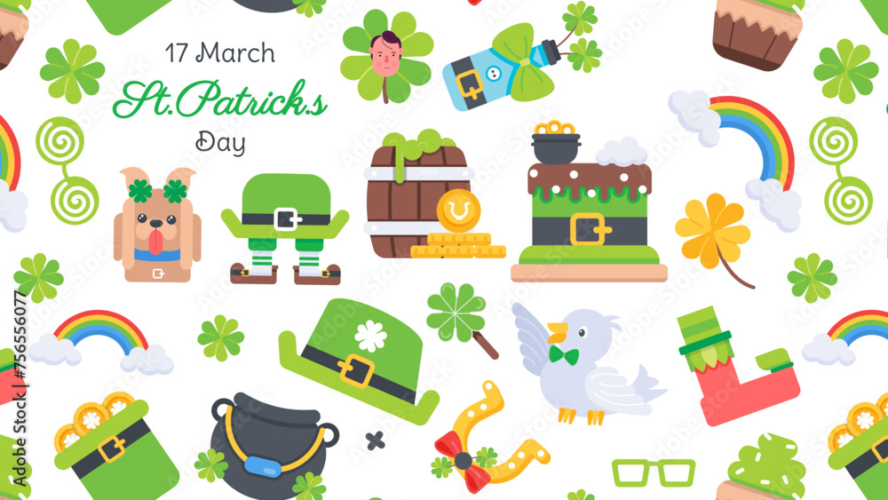 A flat seamless pattern showing irish theme elements, lucky charms, clover leaves and gold coins A flat seamless pattern showing irish theme elements, lucky charms, clover leaves and gold coins