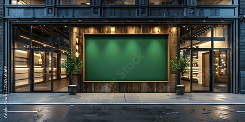 Customizable Storefront Facade: Wooden Storefront with Blank Green Screen Banner. Concept Storefront Design, Green Screen Banner, Customizable Facade, Wooden Storefront, Retail Display photo