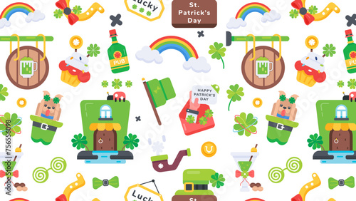 A flat seamless pattern with st patrick celebration items and irish culture elements 