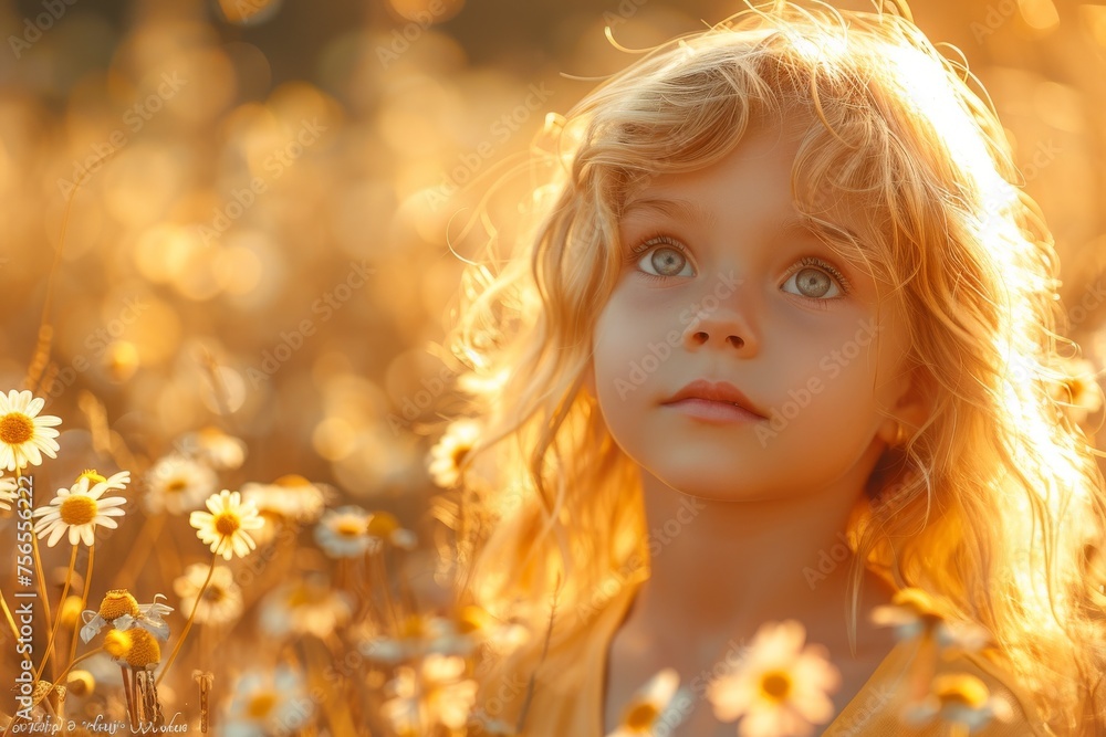 A young girl with curly blond hair in a field of daisies during the warm golden hour
