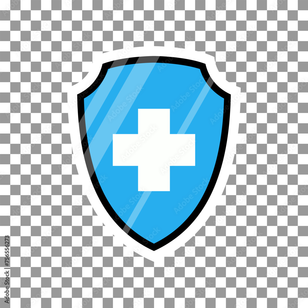 Obraz premium Plus or cross on the shield color icon, a symbol of medicine, immunity and protection of the pc from viruses. Clinic. Farmacy. Hospital. Medicine. Guard. llustration on transparent. Vector EPS 10