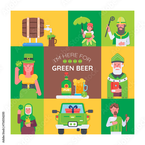 St patrick vector showing different irish characters and lucky charms 