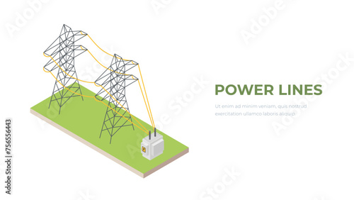 Power Lines Pylons. Landscape Support High Voltage. Isometric View. Vector illustration of high voltage pole power line on a transparent background.