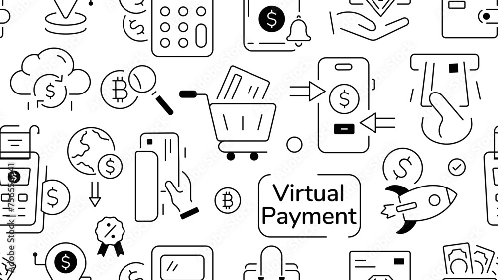 A linear seamless pattern depicting key elements of virtual payment solutions A linear seamless pattern depicting key elements of virtual payment solutions