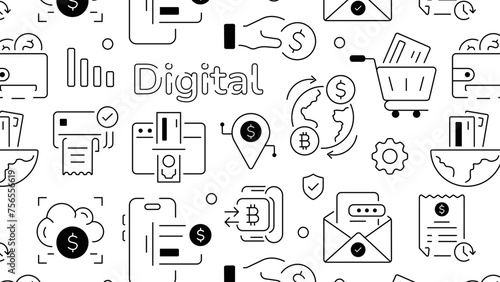 A seamless linear pattern depicting numerous digital payments and financial solutions 