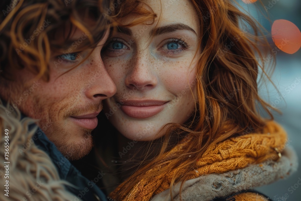 A close couple shares a tender embrace, their eyes revealing strong mutual affection in autumn attire A close couple shares a tender embrace, their eyes revealing strong mutual affection in autumn attire