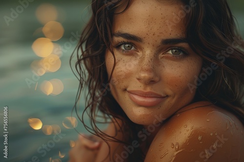 A woman with wet skin and a vibrant look poses playfully, surrounded by bokeh light effects photo