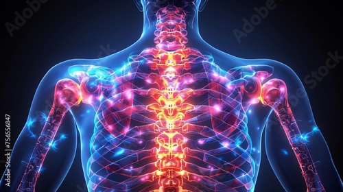 Human body with highlighted rib cage, x-ray view, 3D