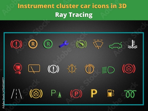 3D car icons- Car dashboard, dtc codes, error message, check engine, fault, dashboard vector illustration, gas level, air suspension, collection, warnings, ray tracing