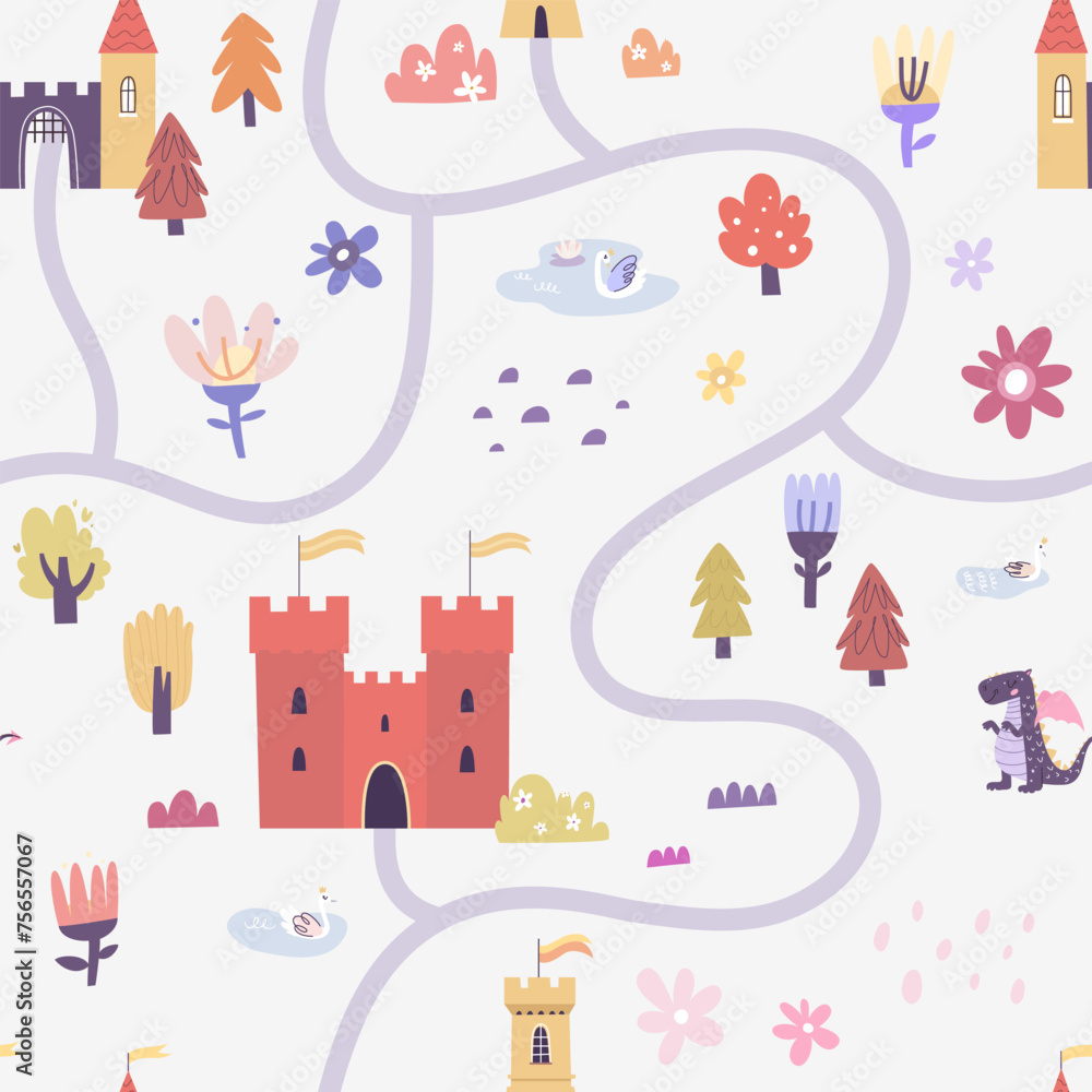 Seamless pattern with fairytale map