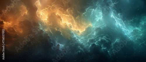 Stunning Black Dark Blue Dark Teal Green Teal Cyan Yellow Sky with a color gradient. Clouds are heavy and lightning is glowing light. Dramatic skies background. Cloudy rain wind. It's scary and