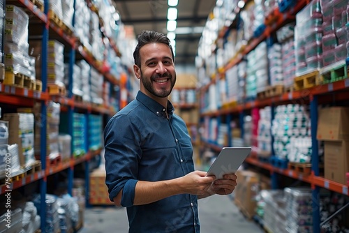 A man in a dress shirt is smiling while holding a tablet in a retail warehouse. He is providing engineering services for selling goods on shelves to enhance customer service in the marketplace photo
