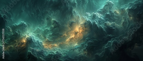 Inky black, dark blue, green teal, and cyan, and yellow skies. Color gradient. Storm clouds. Glow lightning. Night evening. Clouds, rain, and wind..Scary, spooky, and mysterious. Epic fantasy mystic
