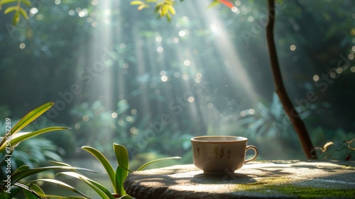 Morning rays caress a lone teacup amidst the tranquil embrace of a lush forest.