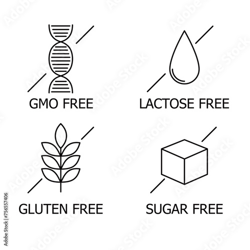 Allergen free icons set. Round stickers with food intolerance symbols for product packaging. Vector illustration