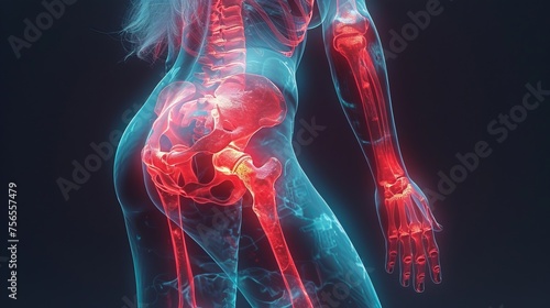 Human bones in x-ray view with glowing joints