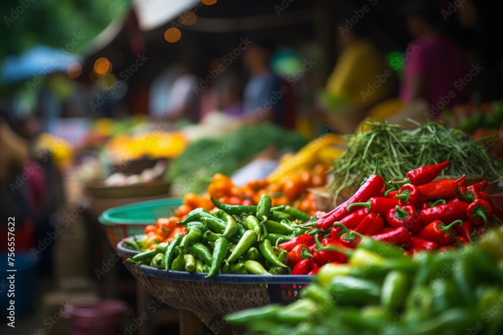 Fruit market with various colorful fresh fruits and vegetables. Healthy, wholesome food