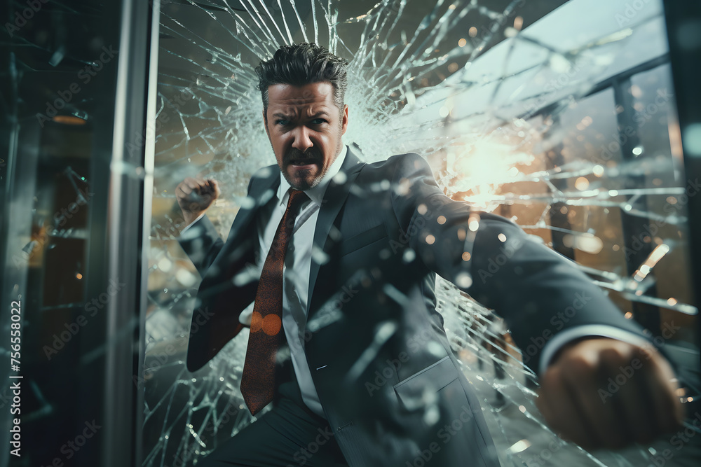 Man in a business suit, an angry office worker, breaks the glass of the wall and screams emotionally. Burnout concept at work stress