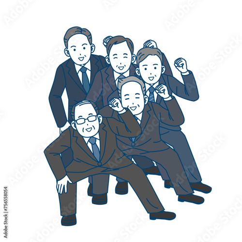 連結して踊る中年会社員の男性のイラスト